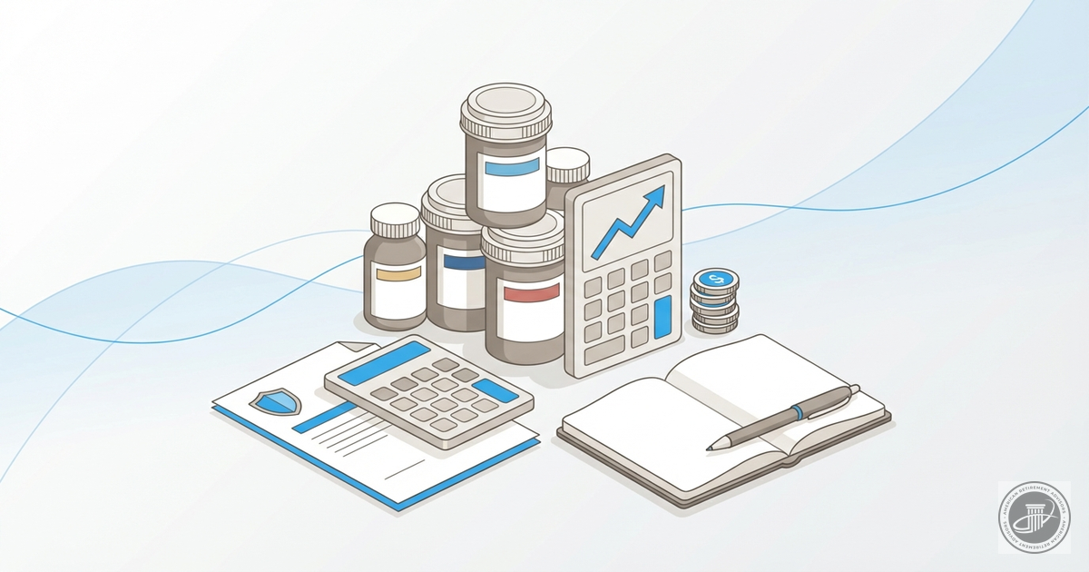 An illustrative infographic showing prescription bottles, a calculator, and a notebook with a pen, symbolizing smart healthca
