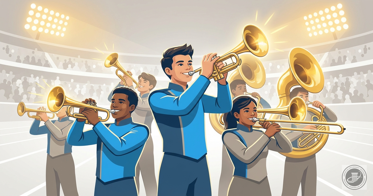 Illustrated high school marching band performing under golden stadium lights, highlighting shining brass instruments and prou