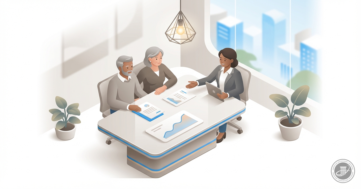Isometric 3D illustration of a mature couple and a financial advisor with documents at a table.