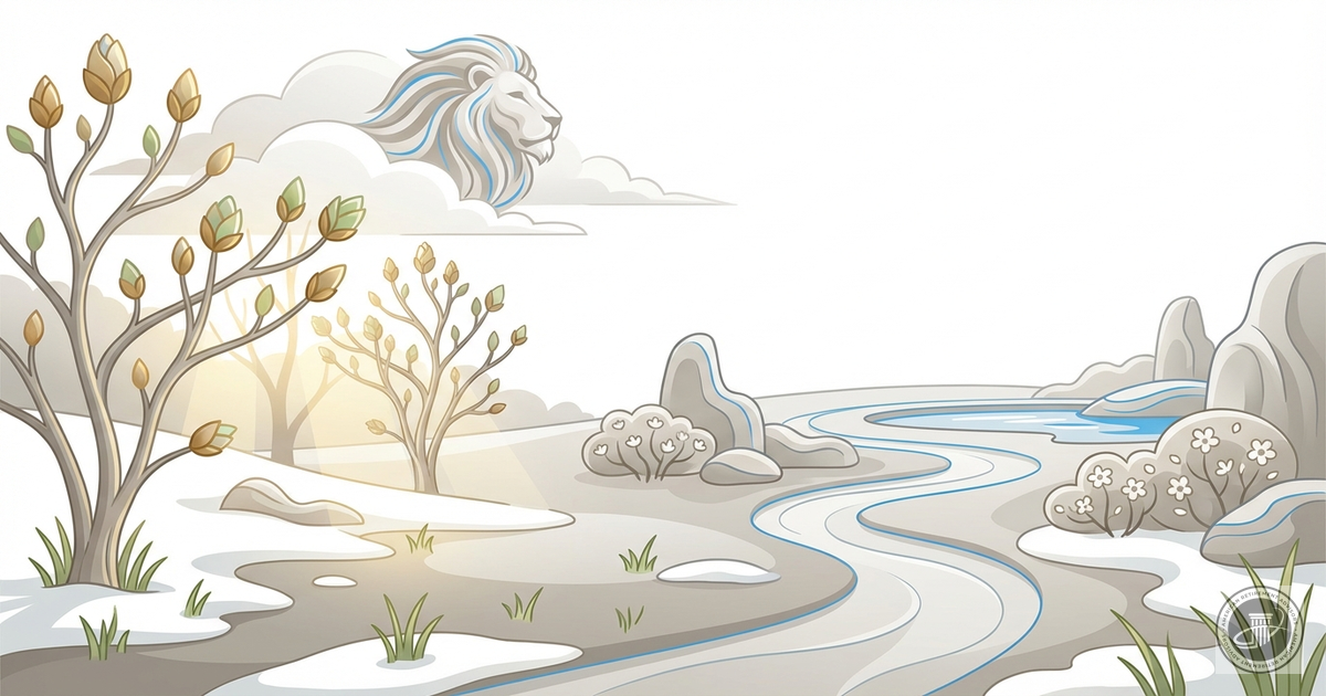 Stylized illustration of a serene park in transition from winter to spring with budding trees, soft morning light, and a wind