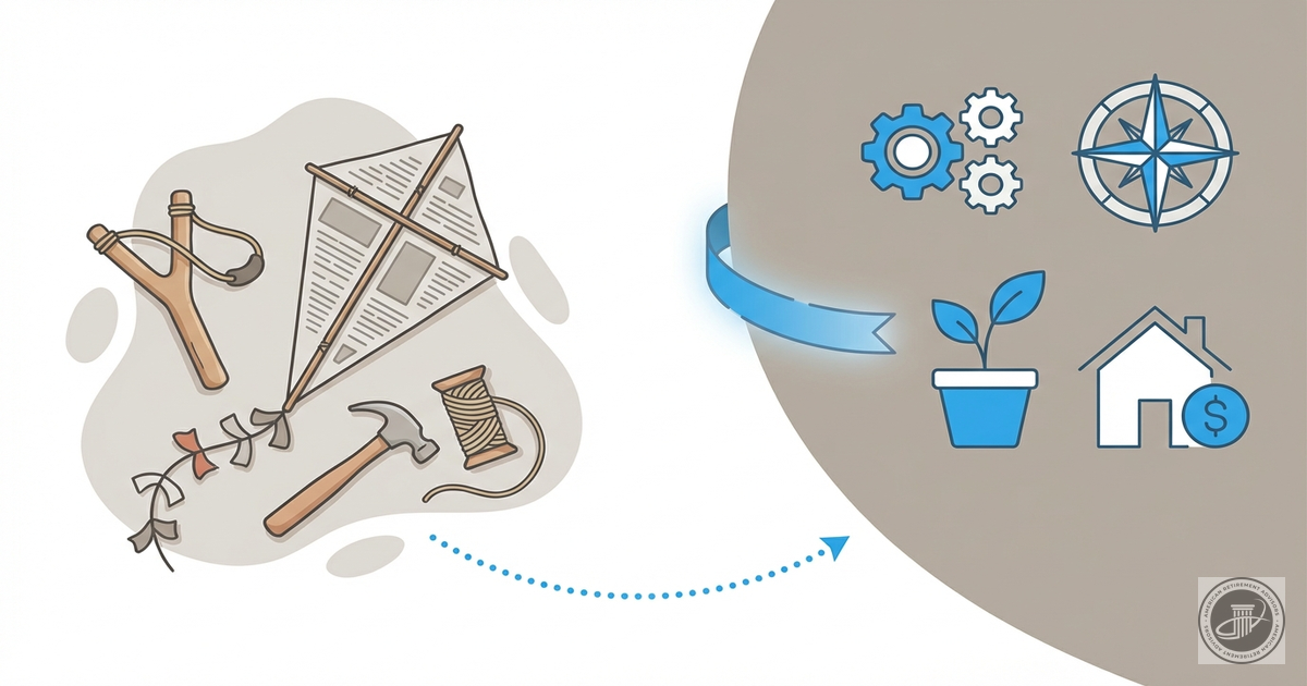 Clean infographic showing stylized handmade crafts and retirement planning icons.