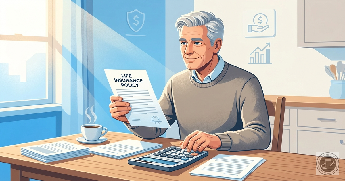 Illustration of a thoughtful mature man reviewing financial documents and a calculator at a sunlit kitchen table.