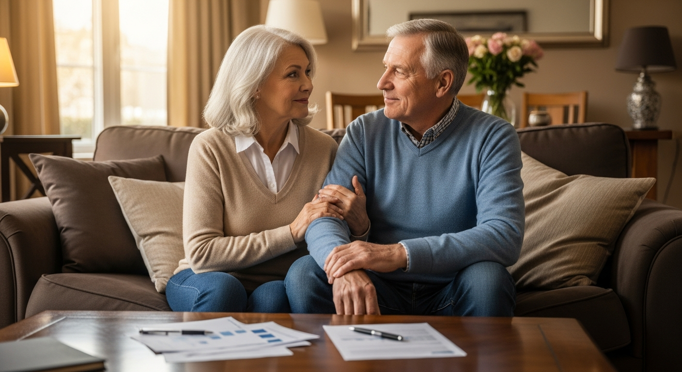 Retired couple sitting together on a couch with financial documents, looking at each other with calm confidence