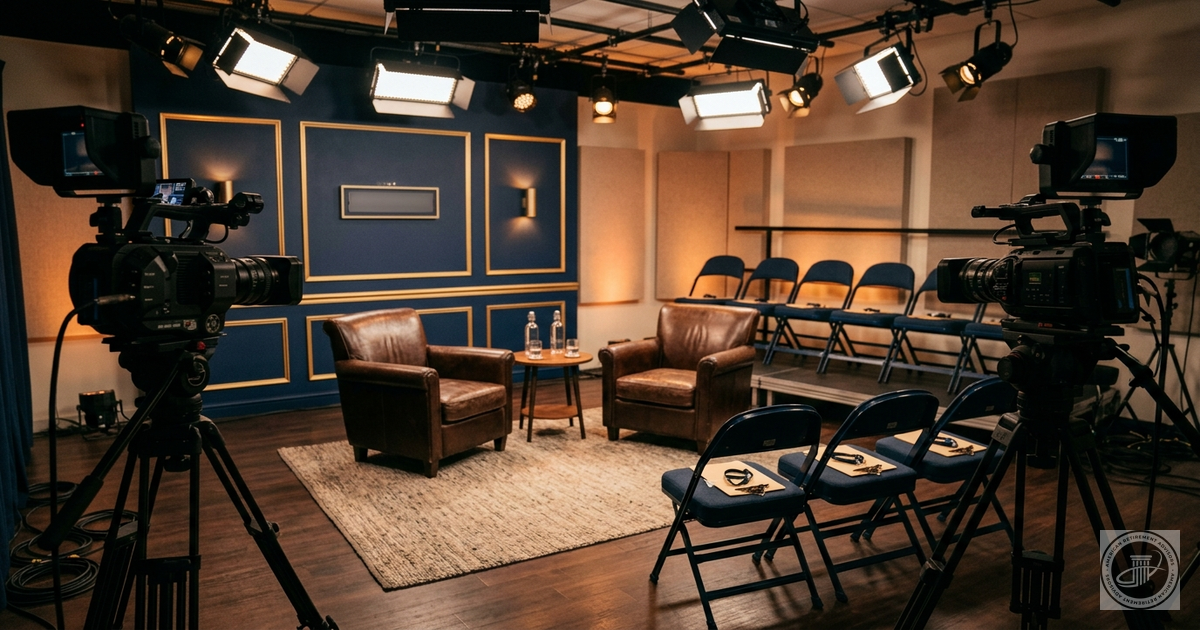 Small intimate TV studio set before a live taping