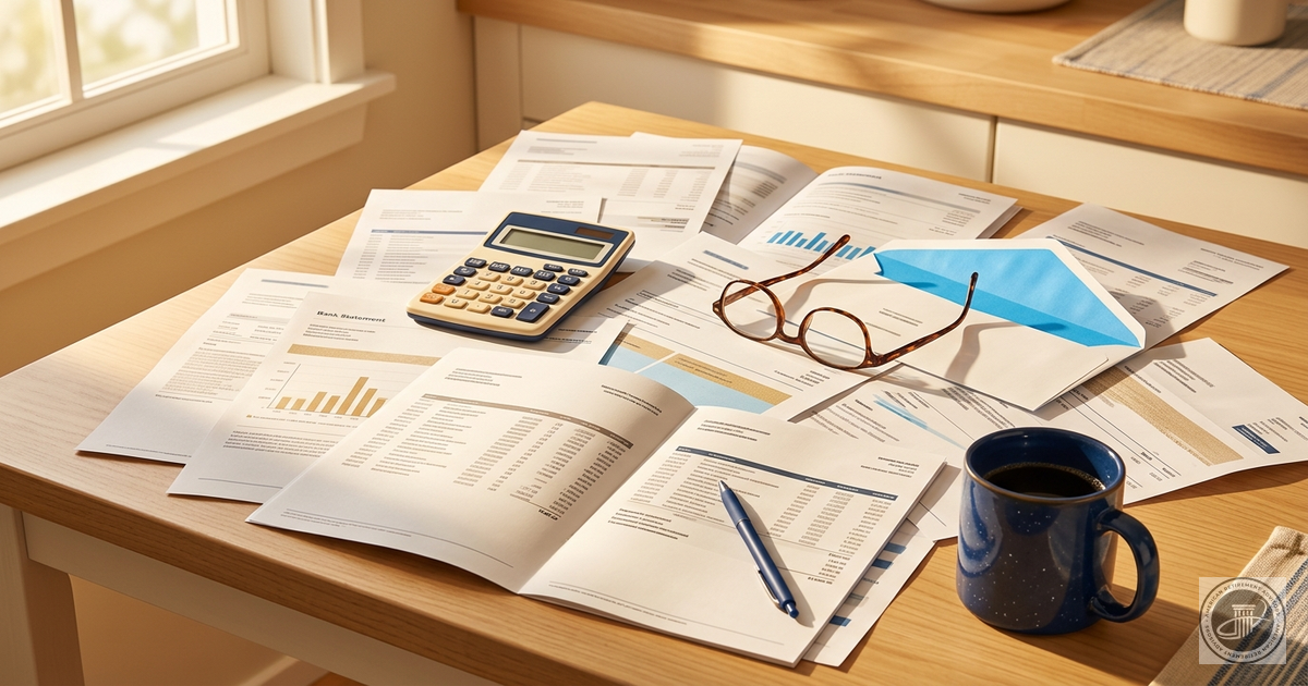 Kitchen table covered with bank statements, a calculator, reading glasses, and a coffee mug in morning light