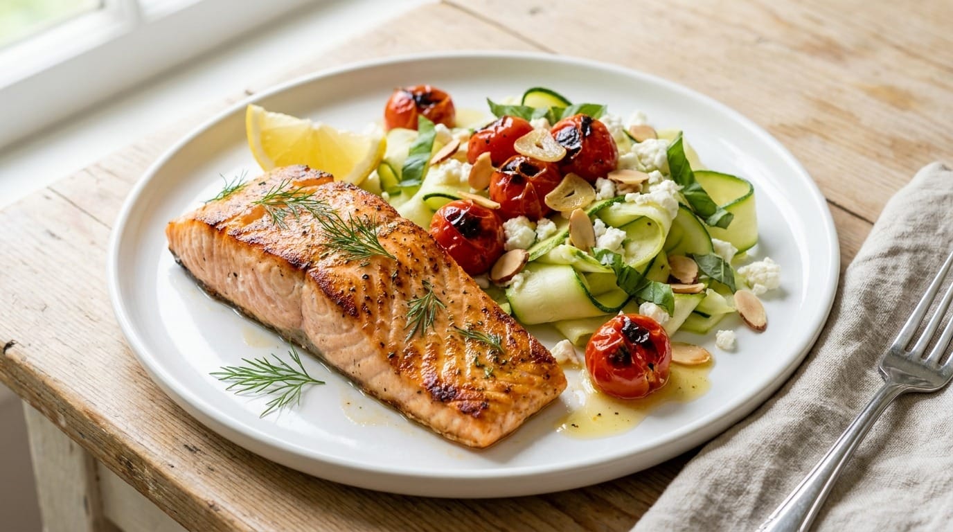 Grilled Lemon-Herb Salmon with Zucchini Ribbons & Blistered Cherry Tomatoes