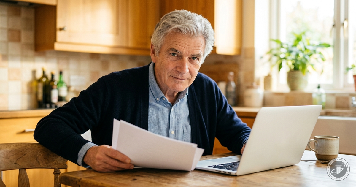 A man in his late sixties at a sunlit table sorting through a stack of insurance mail