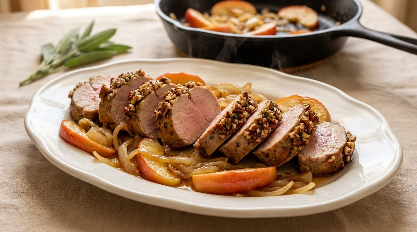 Pecan-Crusted Pork Tenderloin with Apples and Onions