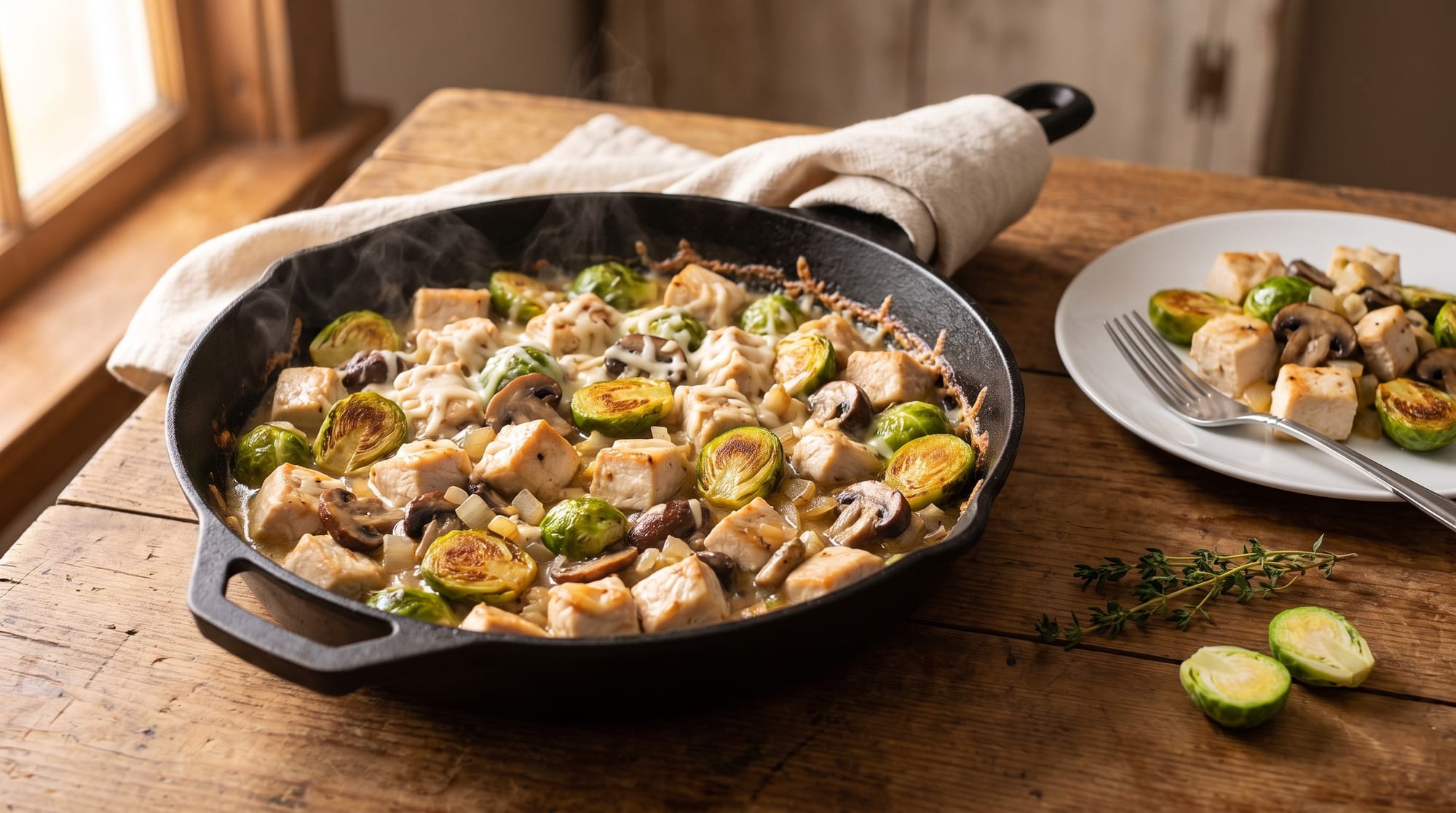 Chicken, Brussels Sprouts and Mushroom Skillet Bake