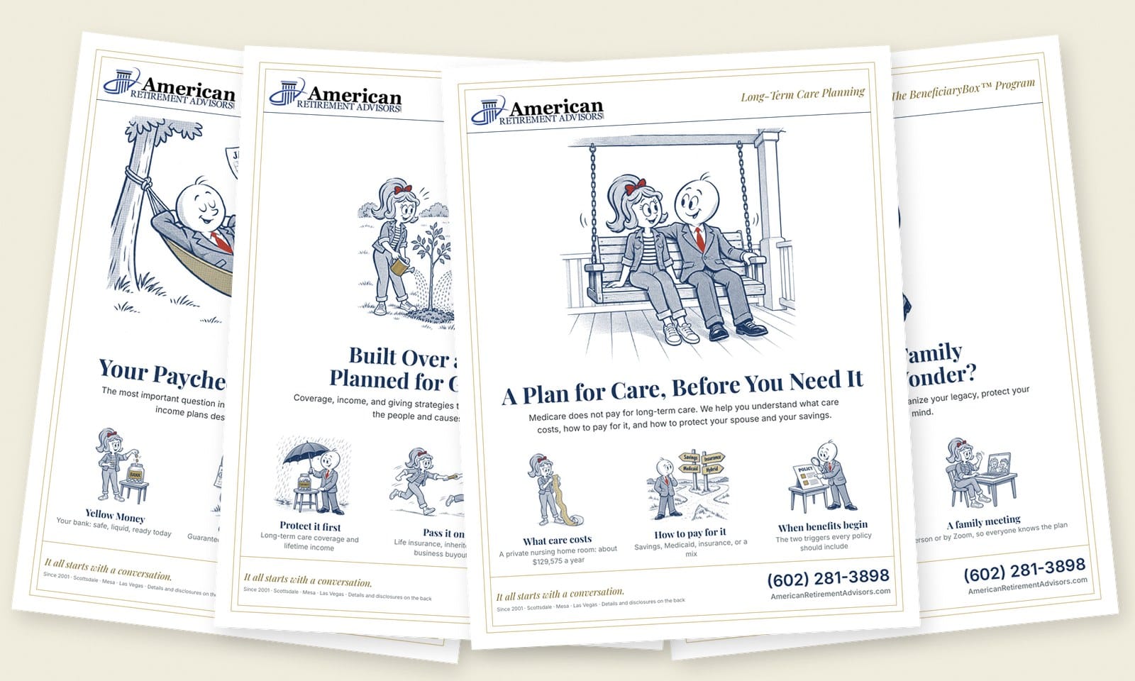 Four single-page guides fanned out: Retirement Income Planning, Generational Wealth Strategies, Long-Term Care Planning, and The BeneficiaryBox Program