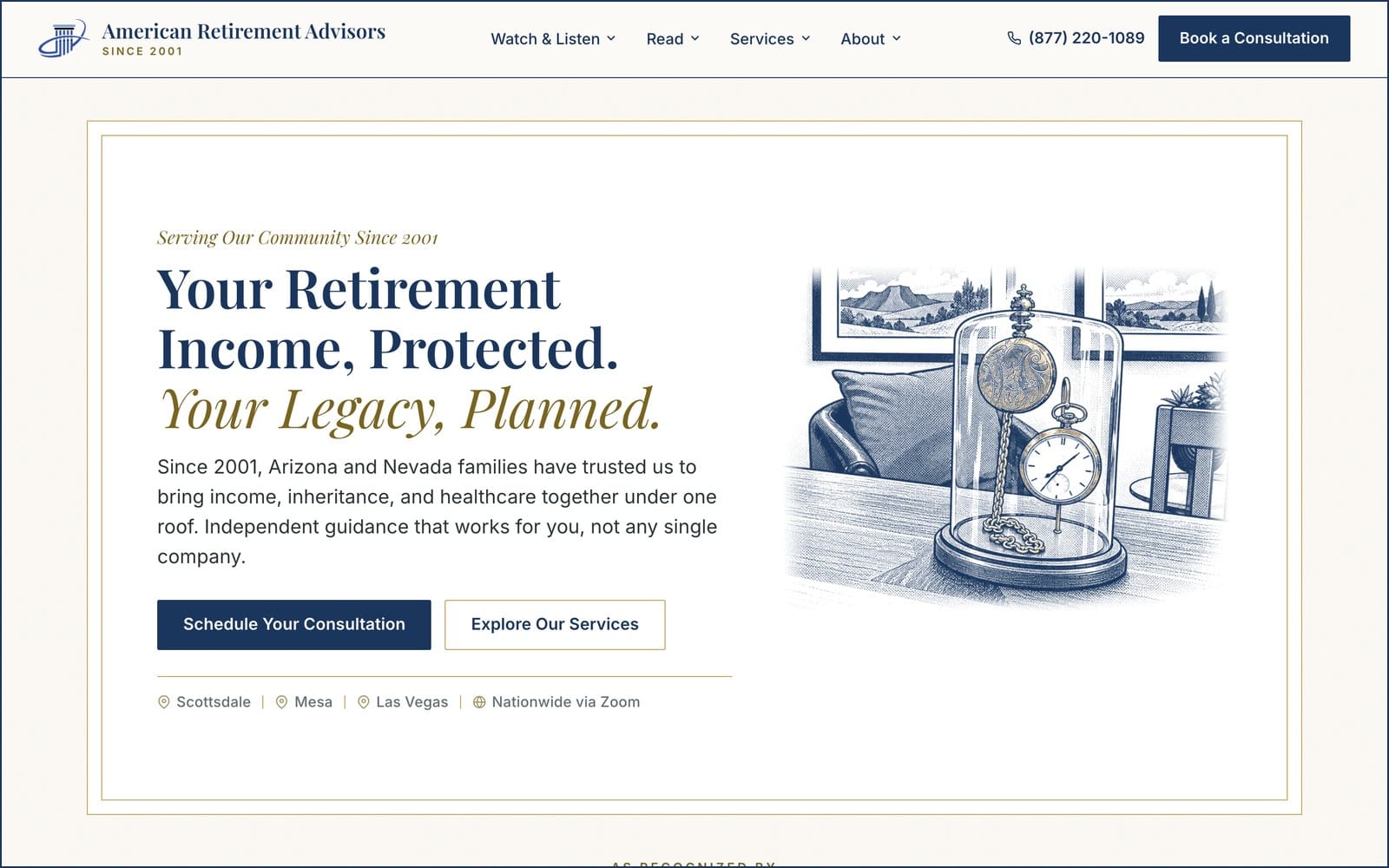 The new americanretirementadvisors.com homepage: ivory paper, navy ink, a gold frame, and a pen-and-ink pocket watch