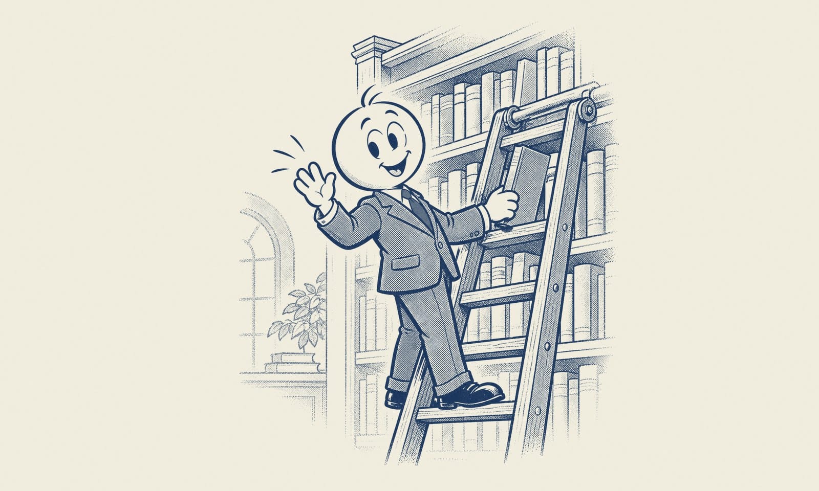Pen-and-ink illustration of Eddie on a rolling library ladder, pulling a book from the shelf and waving