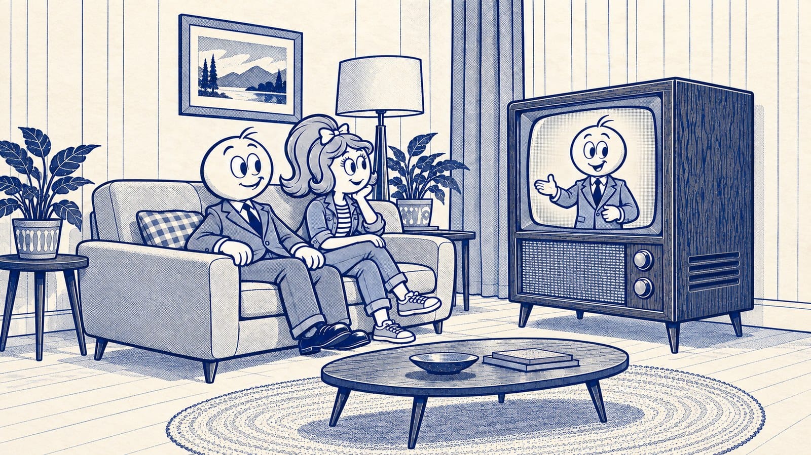 Pen-and-ink illustration of Eddie and Betty on a midcentury sofa, watching Eddie on a vintage television