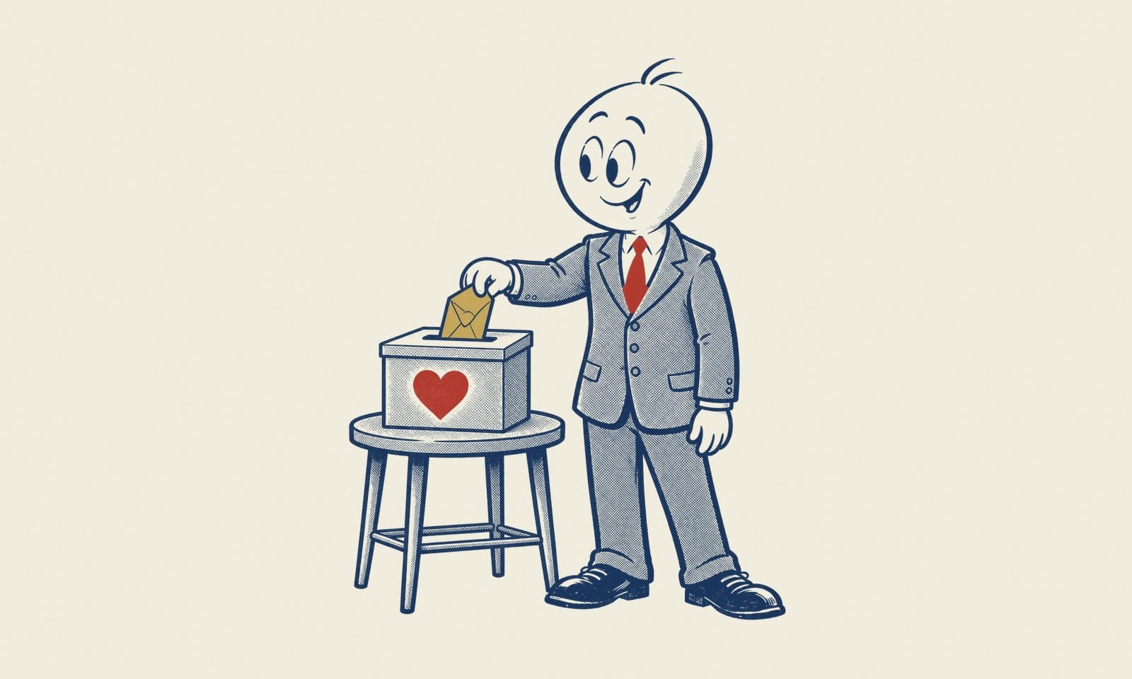 Pen-and-ink illustration of Eddie dropping an envelope with a heart on it into a donation box