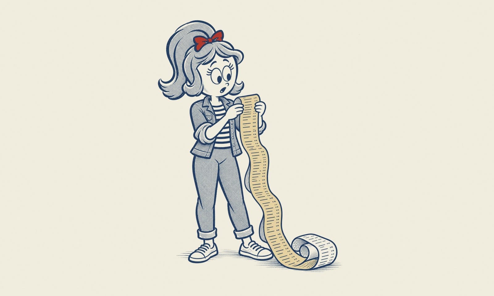 Pen-and-ink illustration of Betty reading a receipt so long it pools on the floor around her feet