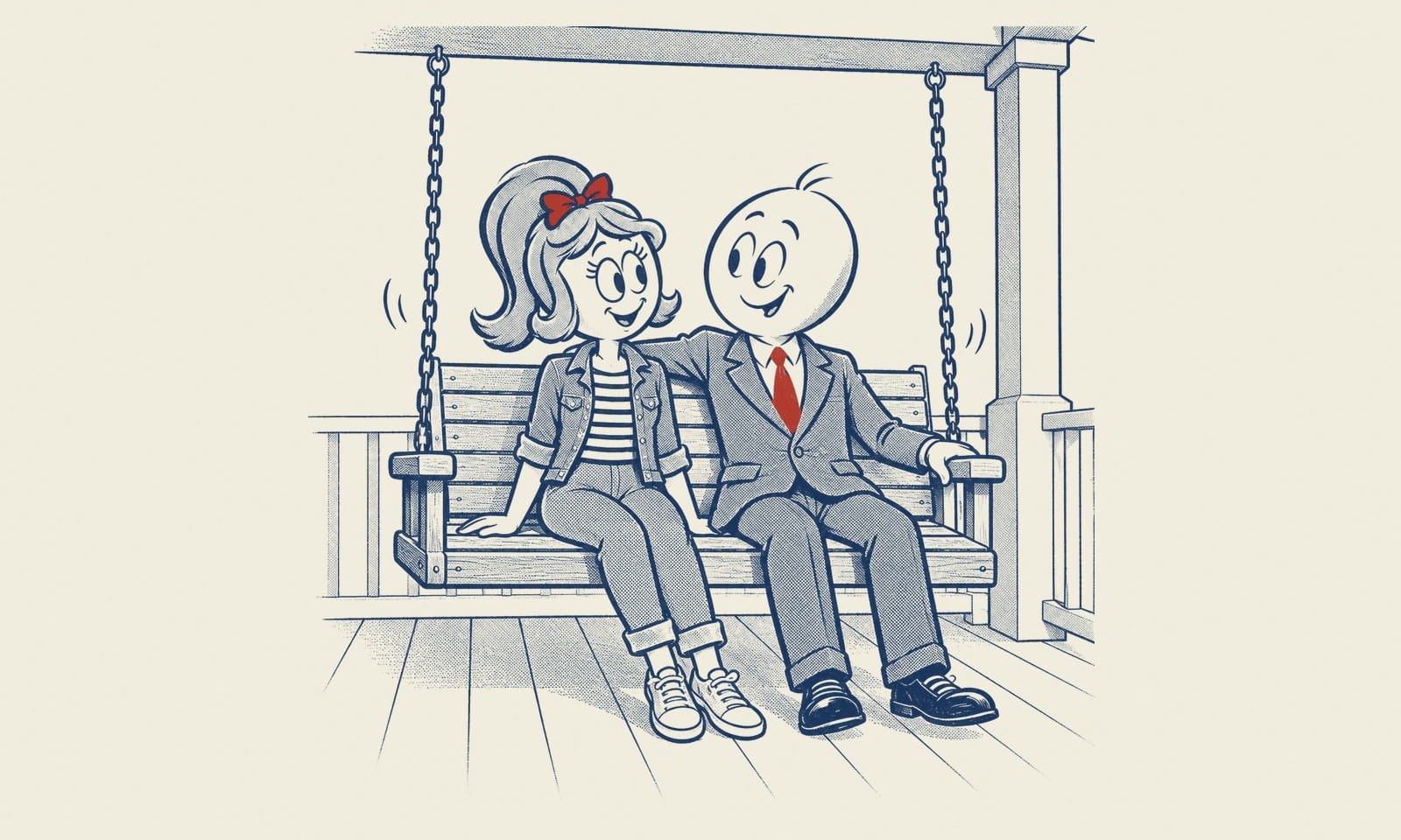 Pen-and-ink illustration of Eddie and Betty sitting together on a porch swing