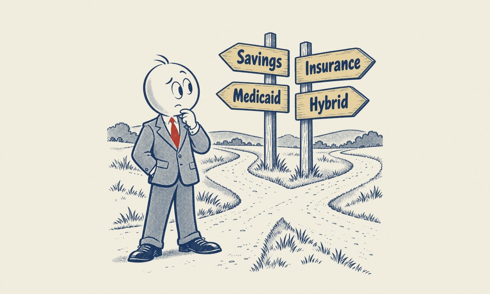 Pen-and-ink illustration of Eddie standing at a crossroads, squinting up at a signpost with arrows pointing different ways