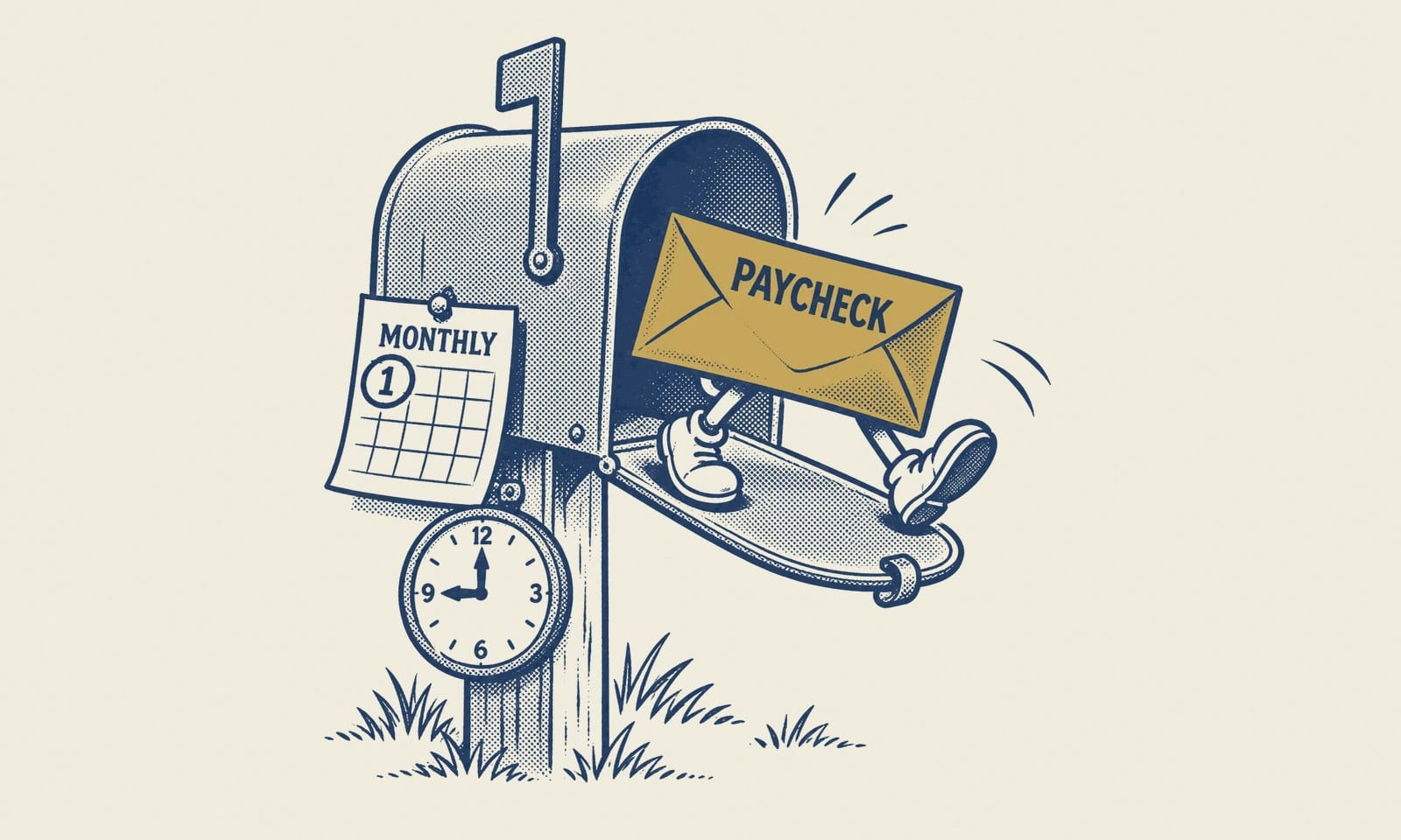 Pen-and-ink illustration of a monthly paycheck envelope arriving in a mailbox right on schedule