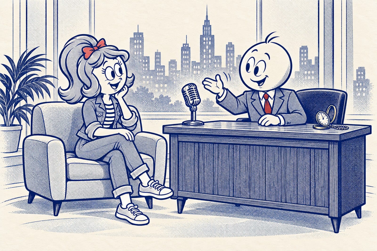 Pen-and-ink illustration of Eddie behind a 1950s talk-show desk with a microphone and a pocket watch, Betty laughing in the guest chair