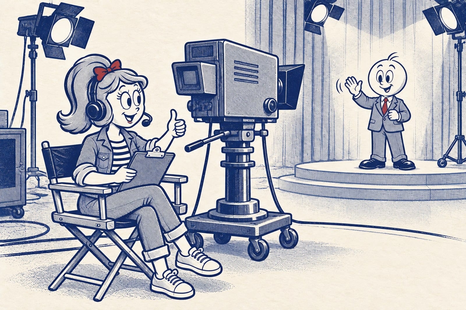 Pen-and-ink illustration of Betty in a director's chair wearing a headset, holding a clipboard beside a vintage TV camera