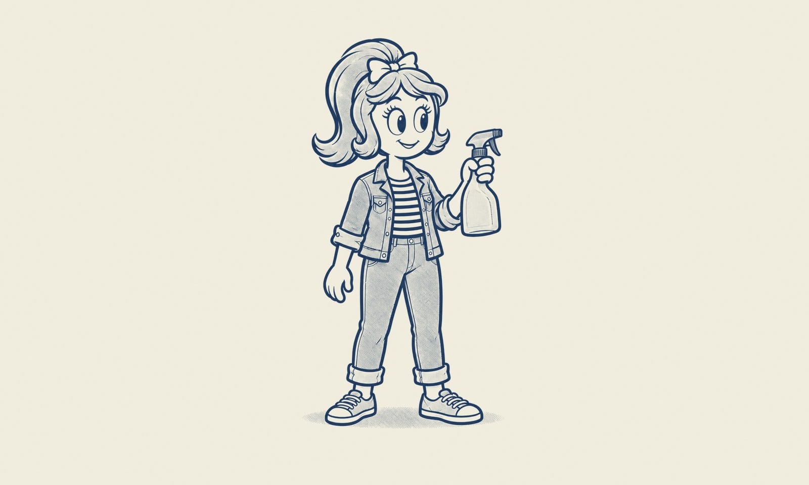 Pen-and-ink illustration of Betty holding a spray bottle and smiling