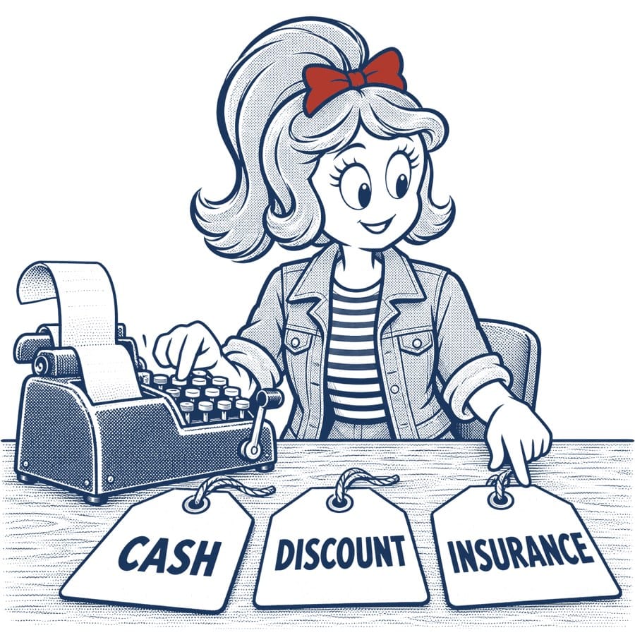Pen-and-ink illustration of Betty at a cash register with tags reading cash, discount and insurance