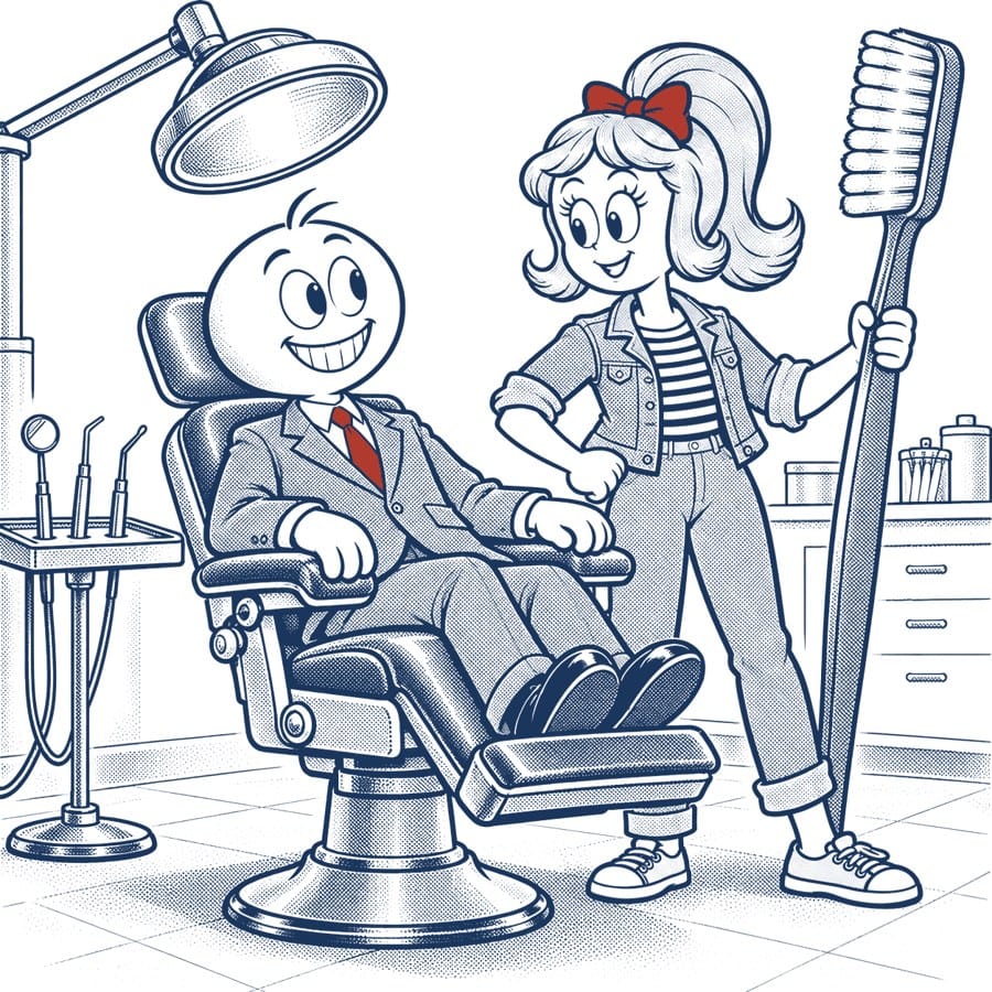 Pen-and-ink illustration of Eddie in a dental chair while Betty holds a giant toothbrush