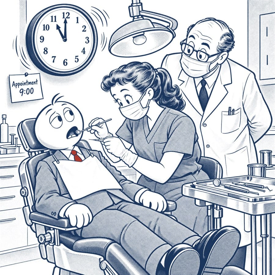 Pen-and-ink illustration of Eddie in a dental school chair while a student works and a professor watches, with a wall clock behind them