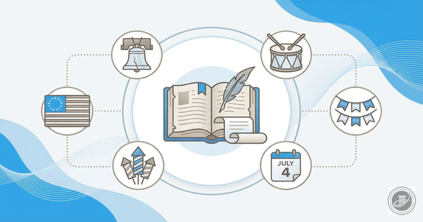 An illustrated professional infographic with patriotic Americana icons, including flags, documents, and bunting, against a cl