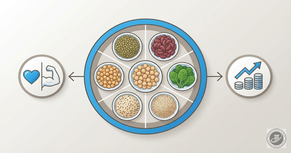 Infographic illustration of plant-based protein sources like lentils, beans, and grains with icons for health and budget on a