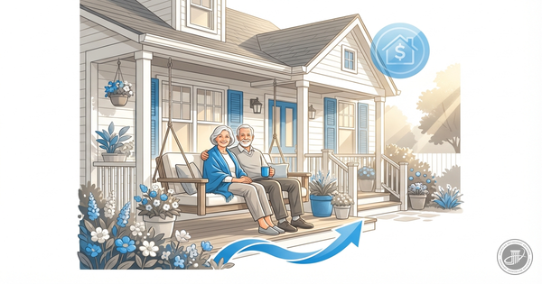 Professional infographic illustration of an elderly couple sitting contentedly on the front porch of their home, symbolizing 
