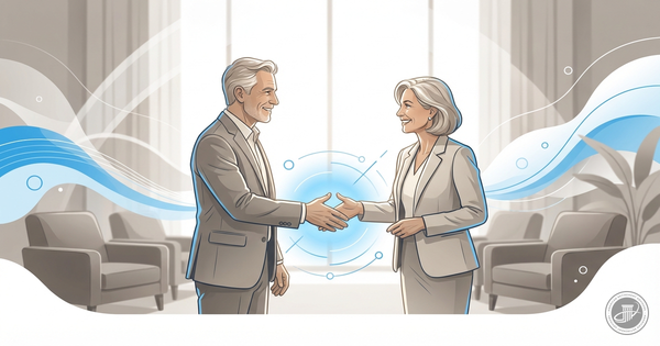 Two stylized mature adults shake hands with warm smiles in a professional, sunlit lounge, illustrating civility and connectio