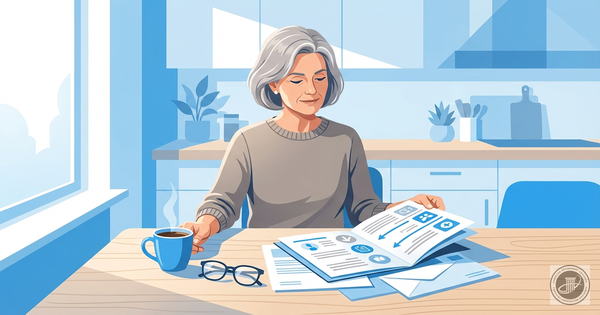 A professional infographic illustration of a mature woman reviewing Medicare documents at a kitchen table with coffee, under 