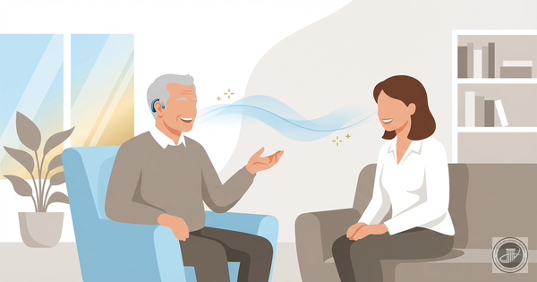 Illustration of a smiling senior man wearing a discreet hearing aid while talking to his adult daughter in a bright, comforta