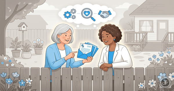 An illustration of two smiling women in a garden, one holding a blue envelope, talking over a fence, symbolizing trusted Medi