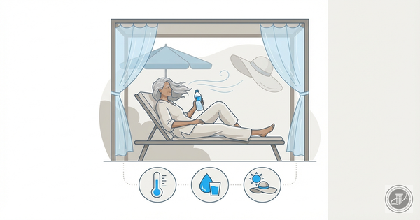 A mature adult in a blue and gray infographic illustration sits under a shaded tree with a water bottle, a cool breeze sugges