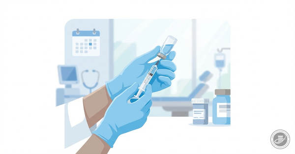Hands in blue gloves prepare a syringe in a stylized medical office, with a calendar icon and pill bottles in soft blues, gra