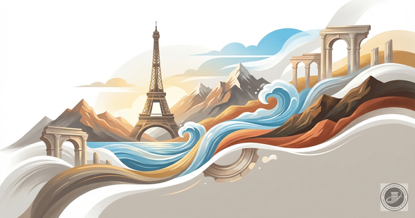 A clean illustration collage of the Eiffel Tower, mountains, waves, and ancient architecture blended together in warm golden 