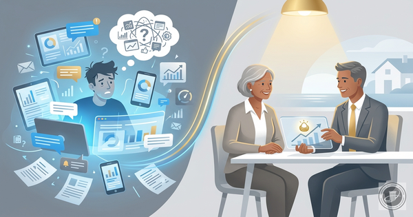 A split-screen infographic showing tech-driven information overload transitioning to a calm, guided retirement conversation.