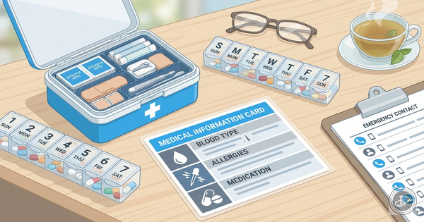 A professional infographic illustration showing a well-organized medical emergency kit, pill organizers, and information card