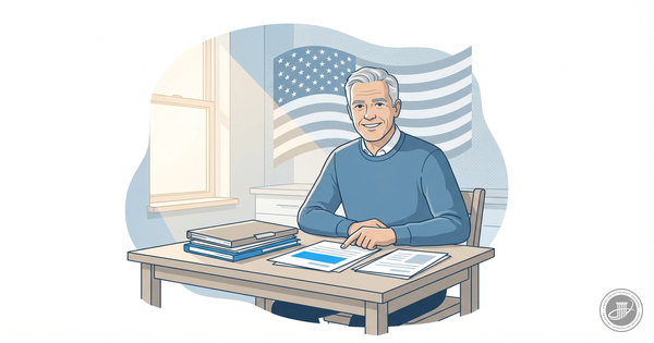 Illustration of a smiling, mature veteran reviewing healthcare documents at a kitchen table, with a subtle American flag.