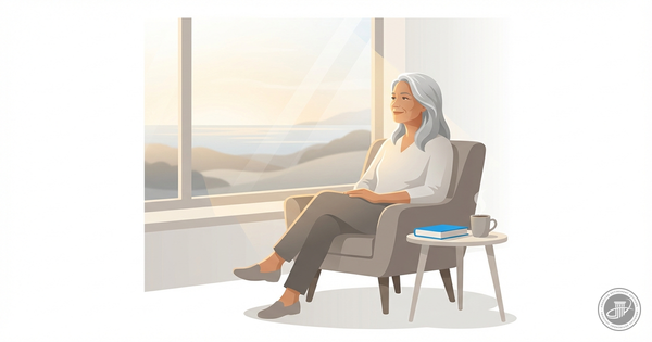 Mature person sits by a sunny window in a contemplative pose, illustrated in a modern style with warm grays, white, and blue 