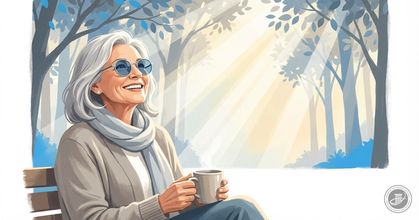 Illustrated mature woman with sunglasses smiling outdoors in sunlight.