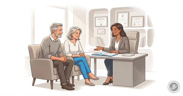 Warm, illustrated infographic of a middle-aged couple and an advisor discussing retirement options in a sunlit modern office.