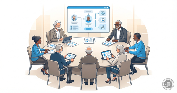A professional infographic illustration of diverse mature adults in a modern office for a personalized Medicare planning sess