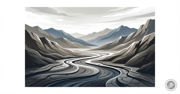 A professional, illustrated infographic in black, white, and blue, depicting a dramatic desert landscape with dry creek beds 