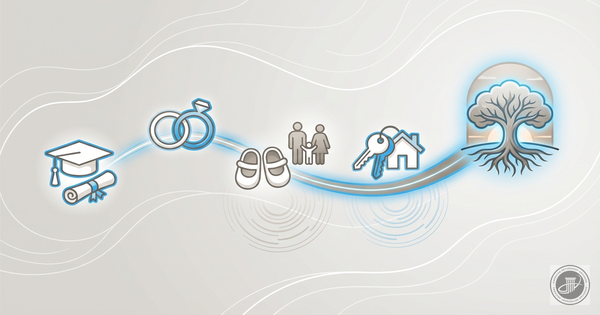 Stylized timeline illustration showing connected life icons (graduation, rings, family, house) on a warm gray and blue path, 