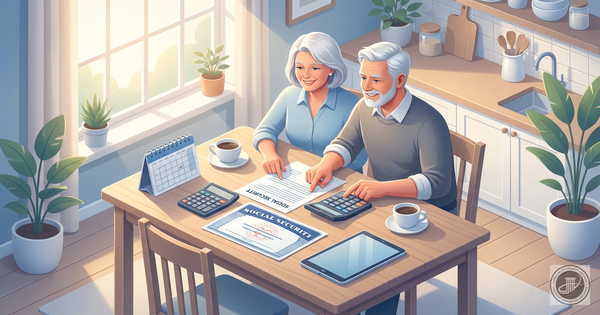 A clean isometric 3D illustration of a mature couple smiling as they review documents with a calculator at a sunlit wooden ta