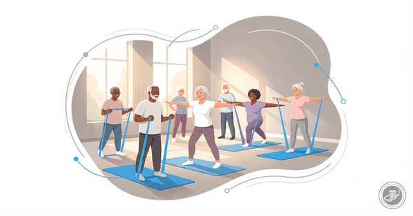 A stylized illustration of diverse smiling seniors exercising with resistance bands and yoga mats in a bright, modern communi