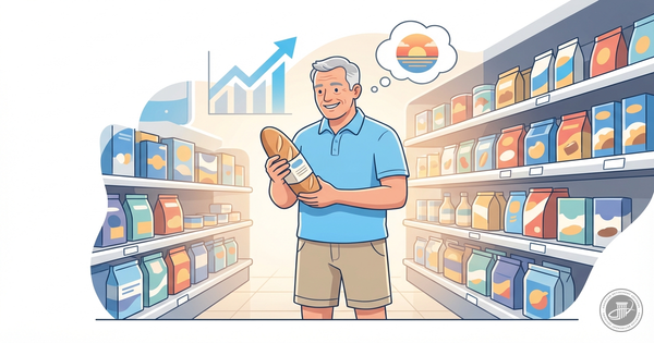 A cheerful mature man in a grocery aisle examines bread with a bemused smile in a clean, modern infographic illustration.